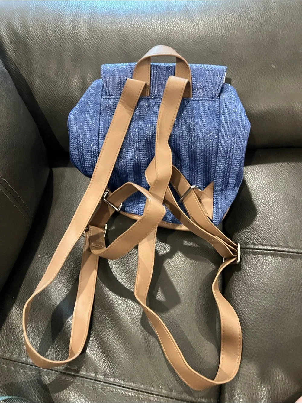 Vera Bradley Small Blue Turtle Embroidered Backpack with Tan Trim